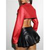 imageMakeMeChic Womens PU Leather Mock Neck Long Sleeve Button Front Cropped Shrugs Club Jacket CoatRed