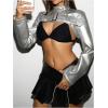 imageMakeMeChic Womens PU Leather Mock Neck Long Sleeve Button Front Cropped Shrugs Club Jacket CoatSilver