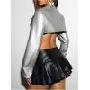 imageMakeMeChic Womens PU Leather Mock Neck Long Sleeve Button Front Cropped Shrugs Club Jacket CoatSilver