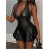 imageMakeMeChic Womens PU Leather One Piece Halter Jumpsuit Bodycon Sleeveless Deep V Neck Ruffled DressBlack