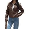 imageMakeMeChic Womens Crop Faux Leather Jacket Vintage Long Sleeve Collar Zip Up Biker Motorcycle Jackets CoatsBrown