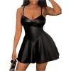 imageMakeMeChic Womens PU Leather Spaghetti Strap Sleeveless Pleated Flowy Party Mini Fall DressesBlack