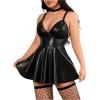 imageMakeMeChic Womens Plus Size 3 Piece Lingerie Set PU Leather Pleated Mini Dress Choker Thongs SetsBlack
