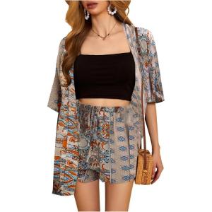 imageMakeMeChic Womens Boho 2 Piece Outfits Tropical Open Front Kimono Blouse and Shorts SetApricot C