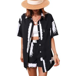 imageMakeMeChic Womens Boho 2 Piece Outfits Tropical Open Front Kimono Blouse and Shorts SetBlack