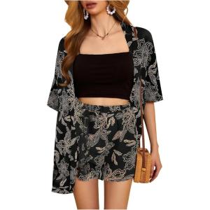 imageMakeMeChic Womens Boho 2 Piece Outfits Tropical Open Front Kimono Blouse and Shorts SetBlack E