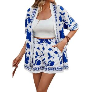 imageMakeMeChic Womens Boho 2 Piece Outfits Tropical Open Front Kimono Blouse and Shorts SetBlue B