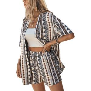 imageMakeMeChic Womens Boho 2 Piece Outfits Tropical Open Front Kimono Blouse and Shorts SetMulti Color
