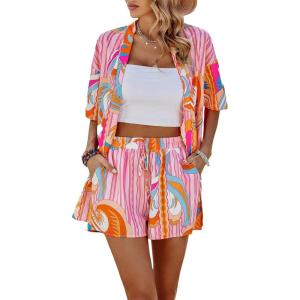 imageMakeMeChic Womens Boho 2 Piece Outfits Tropical Open Front Kimono Blouse and Shorts SetMulti Pink