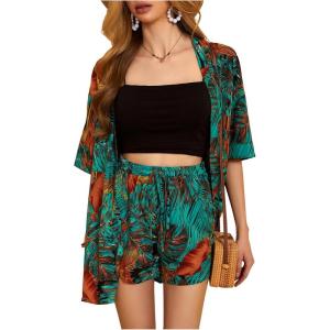imageMakeMeChic Womens Boho 2 Piece Outfits Tropical Open Front Kimono Blouse and Shorts SetMulticolor