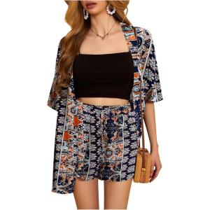 imageMakeMeChic Womens Boho 2 Piece Outfits Tropical Open Front Kimono Blouse and Shorts SetMulticolor E