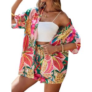 imageMakeMeChic Womens Boho 2 Piece Outfits Tropical Open Front Kimono Blouse and Shorts SetMulticolor G