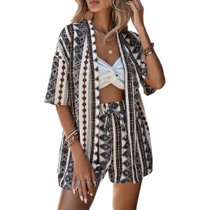 imageMakeMeChic Womens Boho 2 Piece Outfits Tropical Open Front Kimono Blouse and Shorts SetMulticolor a