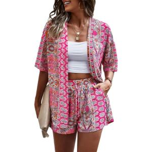 imageMakeMeChic Womens Boho 2 Piece Outfits Tropical Open Front Kimono Blouse and Shorts SetPink