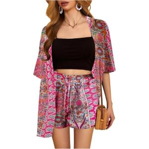 imageMakeMeChic Womens Boho 2 Piece Outfits Tropical Open Front Kimono Blouse and Shorts SetPink C