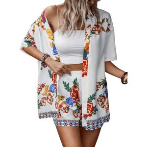 imageMakeMeChic Womens Boho 2 Piece Outfits Tropical Open Front Kimono Blouse and Shorts SetWhite a