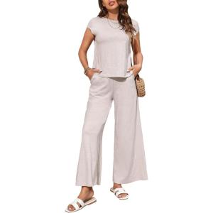 imageMakeMeChic Womens Casual 2 Piece Outfits Cap Short Sleeve Tee Shirt Top and Pocket Wide Leg Pants SetBeige
