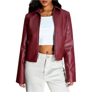 imageMakeMeChic Womens Crop Faux Leather Jacket Vintage Long Sleeve Collar Zip Up Biker Motorcycle Jackets CoatsBurgundy