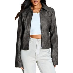 imageMakeMeChic Womens Crop Faux Leather Jacket Vintage Long Sleeve Collar Zip Up Biker Motorcycle Jackets CoatsDark Grey
