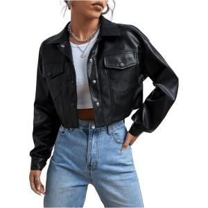imageMakeMeChic Womens Faux Leather Crop Jacket Button Down Pocket Cropped Motorcycle JacketBlack