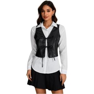 imageMakeMeChic Womens PU Leather Tie Front Vest Sleeveless V Neck Jacket OuterwearBlack