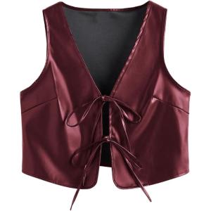 imageMakeMeChic Womens PU Leather Tie Front Vest Sleeveless V Neck Jacket OuterwearBurgundy