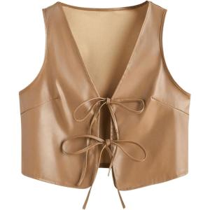 imageMakeMeChic Womens PU Leather Tie Front Vest Sleeveless V Neck Jacket OuterwearKhaki