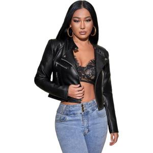imageMakeMeChic Womens Petite Casual Faux Leather Cropped Jacket Zip Up Long Sleeve Moto Biker CoatBlack