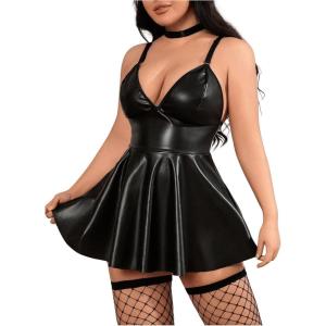 imageMakeMeChic Womens Plus Size 3 Piece Lingerie Set PU Leather Pleated Mini Dress Choker Thongs SetsBlack