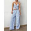imageMakeMeChic Womens 2 Piece Outfits Striped Tie Backless Halter Crop Cami Tops and Pants SetBlue