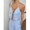 imageMakeMeChic Womens 2 Piece Outfits Striped Tie Backless Halter Crop Cami Tops and Pants SetBlue