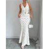 imageMakeMeChic Womens 2 Piece Skirt Set Outfits Textured V Neck Twist Halter Top and Maxi Skirt SetApricot