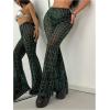 imageMakeMeChic Womens Glitter Mesh Sheer Elastic Waist Flare Leg Pants Party Bell BottomsBlack and Green