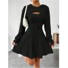 imageMakeMeChic Womens Two Piece Outfits Rib Knit Hooded Long Sleeve Crop Top and Flared Short Tank Dress SetBlack