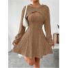 imageMakeMeChic Womens Two Piece Outfits Rib Knit Hooded Long Sleeve Crop Top and Flared Short Tank Dress SetBrown
