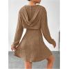 imageMakeMeChic Womens Two Piece Outfits Rib Knit Hooded Long Sleeve Crop Top and Flared Short Tank Dress SetBrown