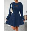 imageMakeMeChic Womens Two Piece Outfits Rib Knit Hooded Long Sleeve Crop Top and Flared Short Tank Dress SetDark Blue