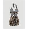 imageMakeMeChic Womens Y2K Skirt Set Leopard Print Tie Back Halter Crop Top and Ruched Mini Skirt Outfits SetMulticolor
