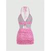 imageMakeMeChic Womens Y2K Skirt Set Leopard Print Tie Back Halter Crop Top and Ruched Mini Skirt Outfits SetPink Leopard