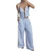 imageMakeMeChic Womens 2 Piece Outfits Striped Tie Backless Halter Crop Cami Tops and Pants SetBlue