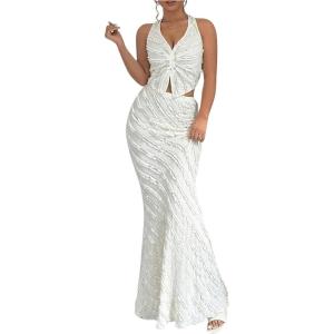 imageMakeMeChic Womens 2 Piece Skirt Set Outfits Textured V Neck Twist Halter Top and Maxi Skirt SetApricot