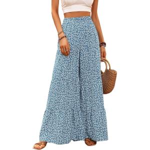 imageMakeMeChic Womens Floral High Waisted Ruffle Wide Leg Pants Boho Summer Beach Palazzo PantsBlue