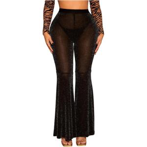 imageMakeMeChic Womens Glitter Mesh Sheer Elastic Waist Flare Leg Pants Party Bell BottomsBlack
