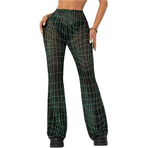 imageMakeMeChic Womens Glitter Mesh Sheer Elastic Waist Flare Leg Pants Party Bell BottomsBlack and Green