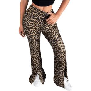imageMakeMeChic Womens Leopard Pants Cheetah Print Pants Leggings Y2k High Waisted Bell BottomBrown B