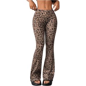 imageMakeMeChic Womens Leopard Pants Cheetah Print Pants Leggings Y2k High Waisted Bell BottomBrown D