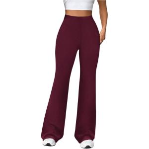imageMakeMeChic Womens Leopard Pants Cheetah Print Pants Leggings Y2k High Waisted Bell BottomBurgundy Solid