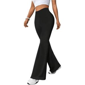 imageMakeMeChic Womens Leopard Pants Cheetah Print Pants Leggings Y2k High Waisted Bell BottomSolid Black