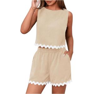 imageMakeMeChic Womens Summer Two Piece Outfits Colorblock Scallop Trim Sleeveless Tank Top and Wide Leg Shorts SetsApricot