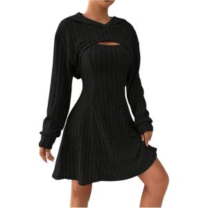 imageMakeMeChic Womens Two Piece Outfits Rib Knit Hooded Long Sleeve Crop Top and Flared Short Tank Dress SetBlack